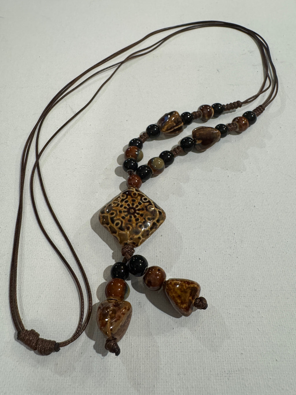 Hand-Painted Ceramic Mandala Lariat Necklace, Adjustable Brown Cord