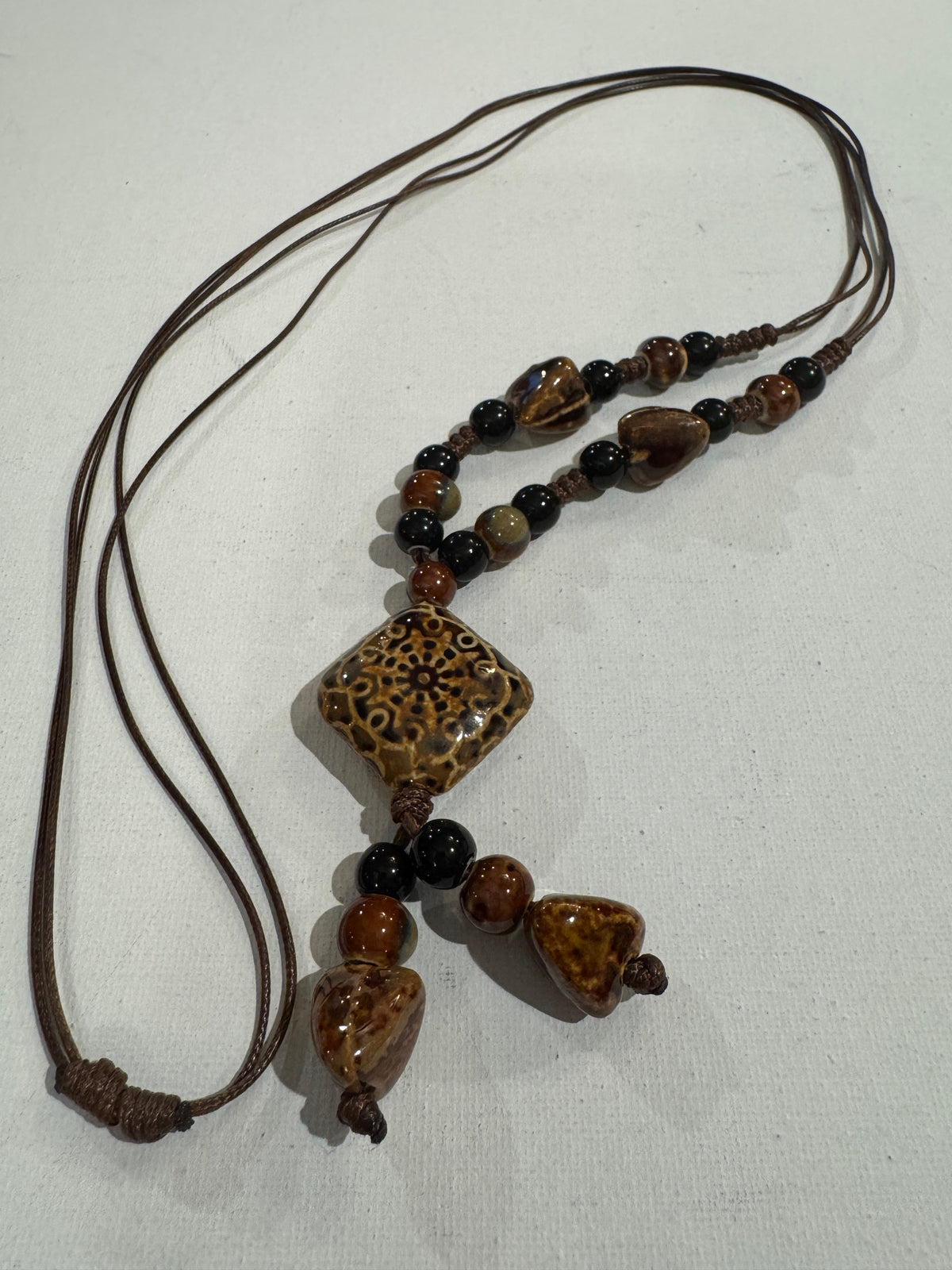 Hand-Painted Ceramic Mandala Lariat Necklace, Adjustable Brown Cord