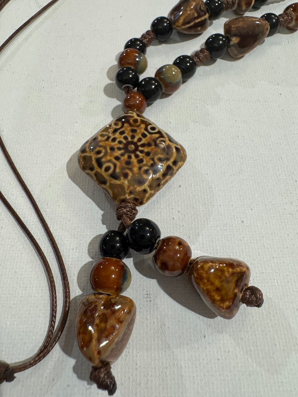 Hand-Painted Ceramic Mandala Lariat Necklace, Adjustable Brown Cord