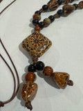 Hand-Painted Ceramic Mandala Lariat Necklace, Adjustable Brown Cord