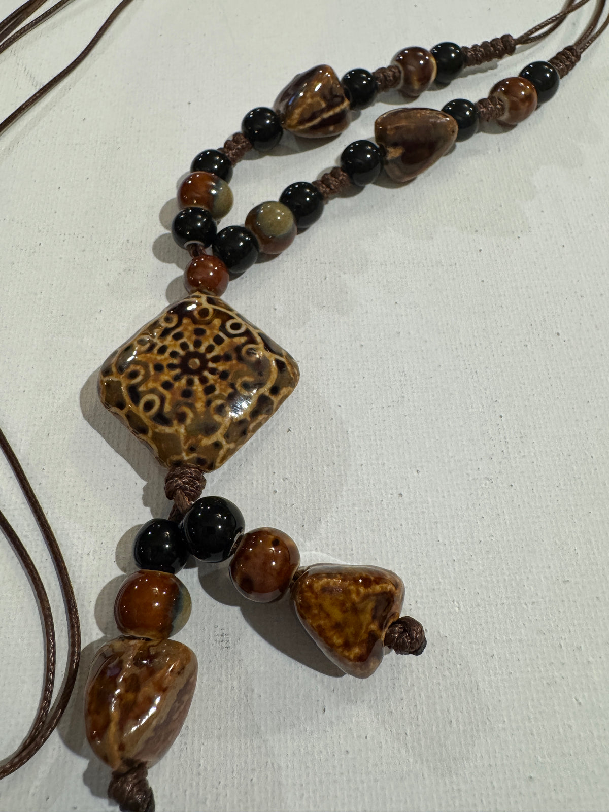 Hand-Painted Ceramic Mandala Lariat Necklace, Adjustable Brown Cord