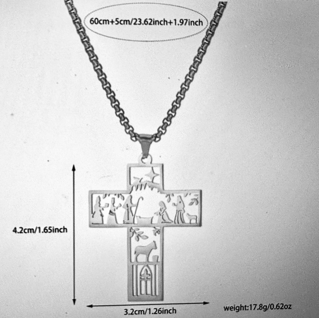 Stainless Steel Nativity Scene Cross Pendant Necklace with Box Chain