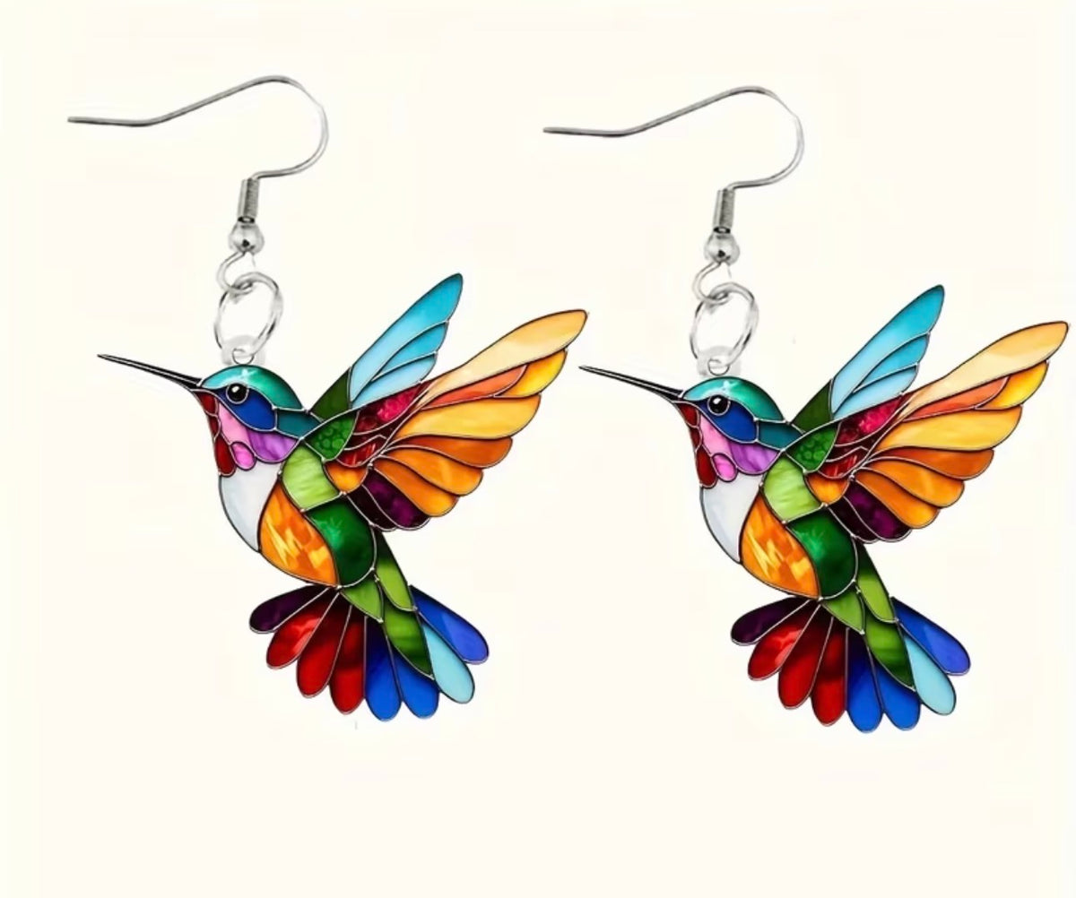 Stainless Steel Stained Glass Hummingbird Earrings