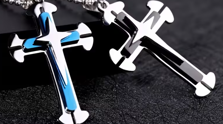 201 Stainless Steel Layered Cross Necklace, Blue or Black