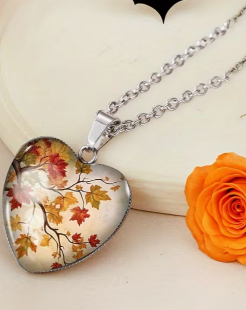 Autumn Maple Leaf Heart Pendant Necklace