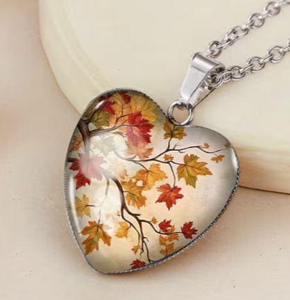 Autumn Maple Leaf Heart Pendant Necklace