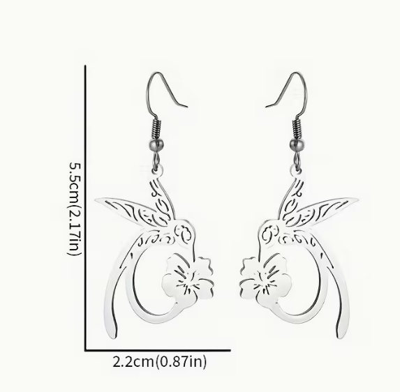 Stainless Steel Hummingbird Hibiscus Dangle Earrings