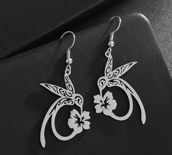 Stainless Steel Hummingbird Hibiscus Dangle Earrings