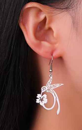 Stainless Steel Hummingbird Hibiscus Dangle Earrings