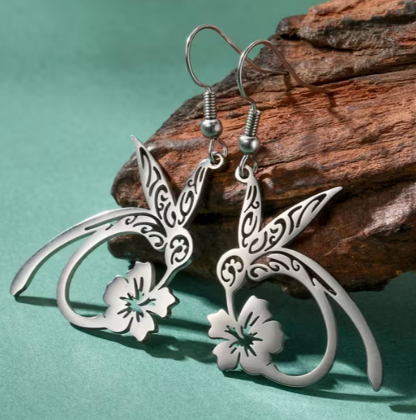 Stainless Steel Hummingbird Hibiscus Dangle Earrings