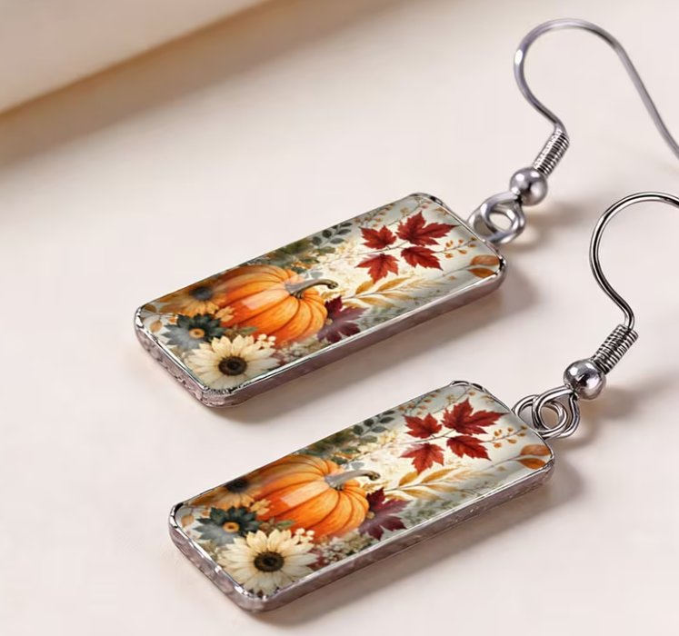 Stainless Steel Autumn Pumpkin Glass Drop Earrings