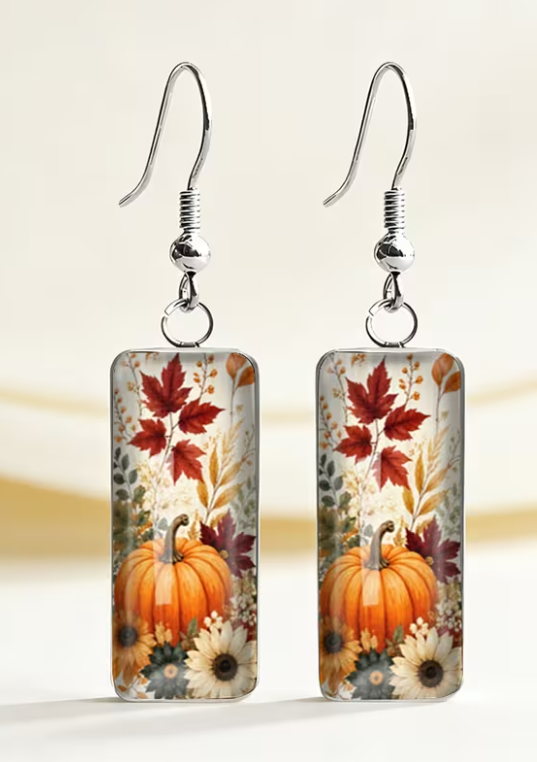 Stainless Steel Autumn Pumpkin Glass Drop Earrings