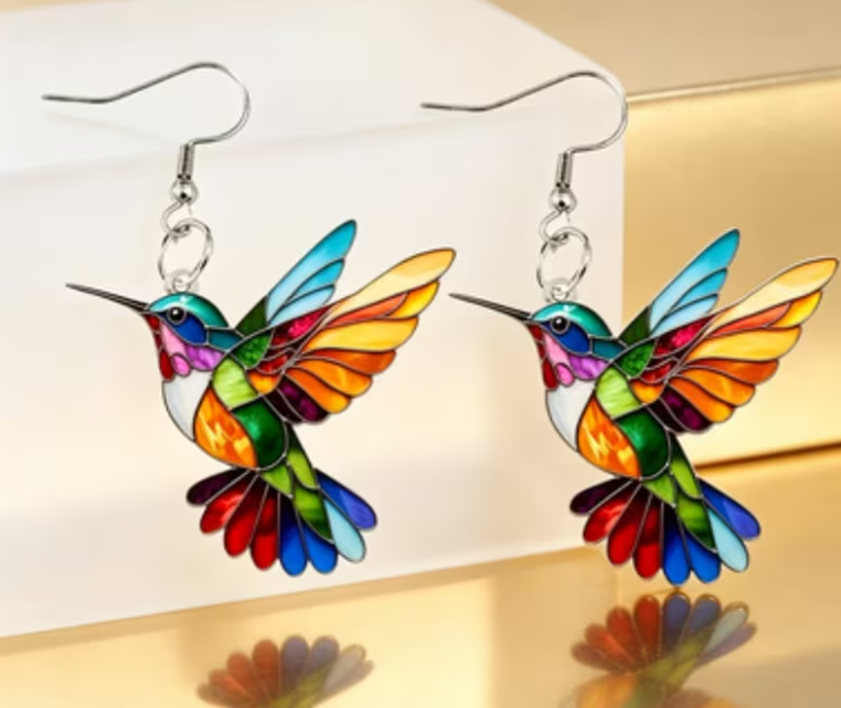 Stainless Steel Stained Glass Hummingbird Earrings