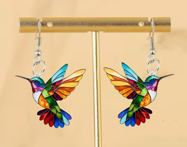 Stainless Steel Stained Glass Hummingbird Earrings