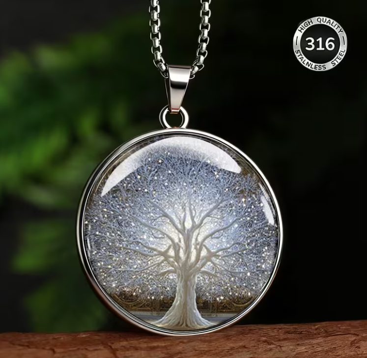 316L Stainless Steel Tree of Life Glass Pendant Necklace