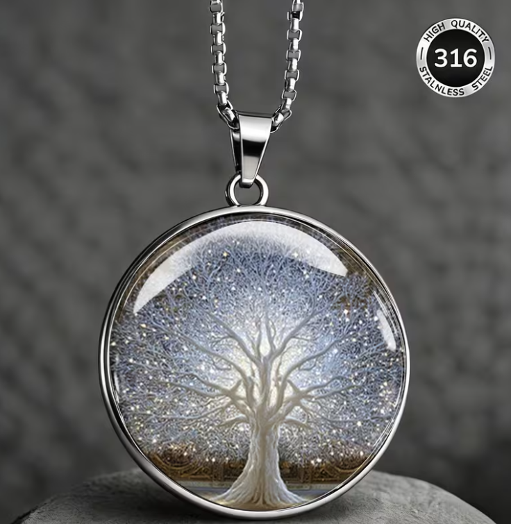 316L Stainless Steel Tree of Life Glass Pendant Necklace
