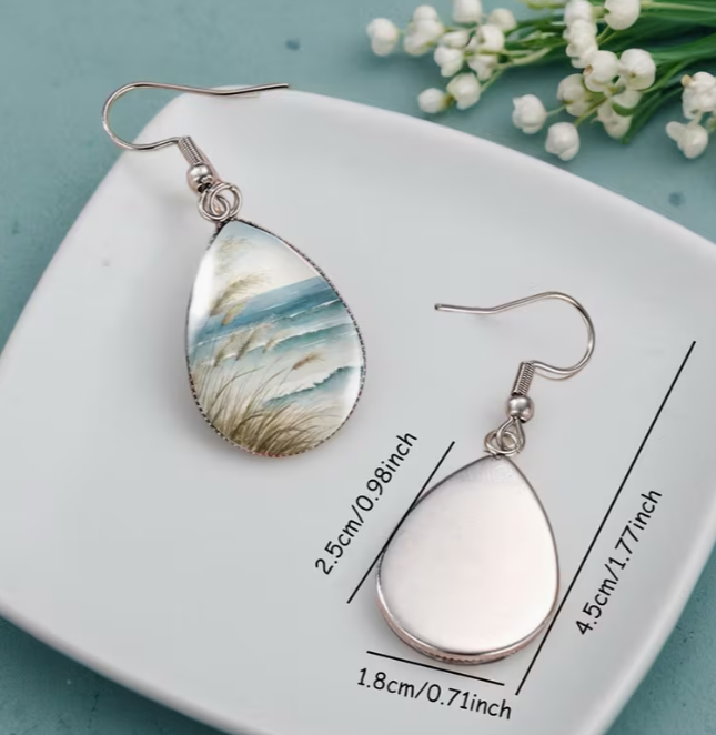 Coastal Watercolor Teardrop Dangle Earrings