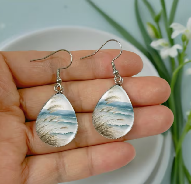 Coastal Watercolor Teardrop Dangle Earrings