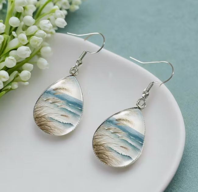 Coastal Watercolor Teardrop Dangle Earrings