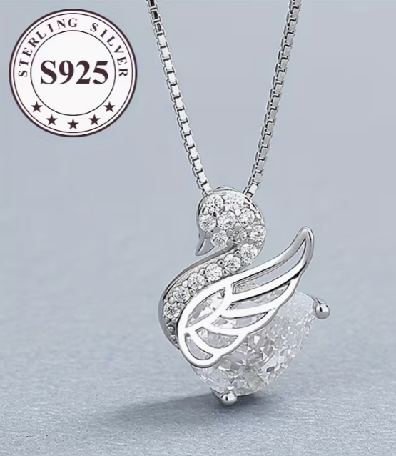 S925 Sterling Silver Swan Pendant Necklace with Crystal