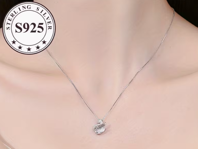 S925 Sterling Silver Swan Pendant Necklace with Crystal