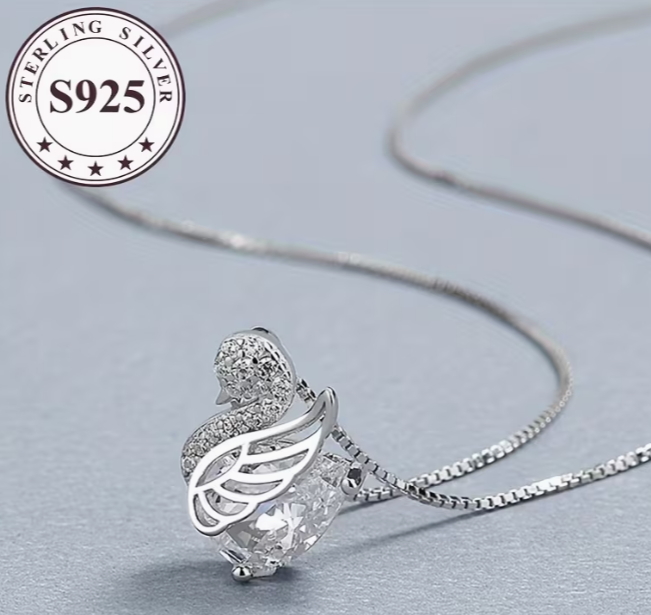S925 Sterling Silver Swan Pendant Necklace with Crystal