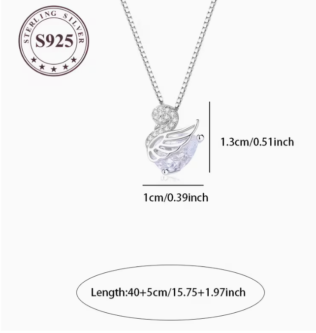 S925 Sterling Silver Swan Pendant Necklace with Crystal