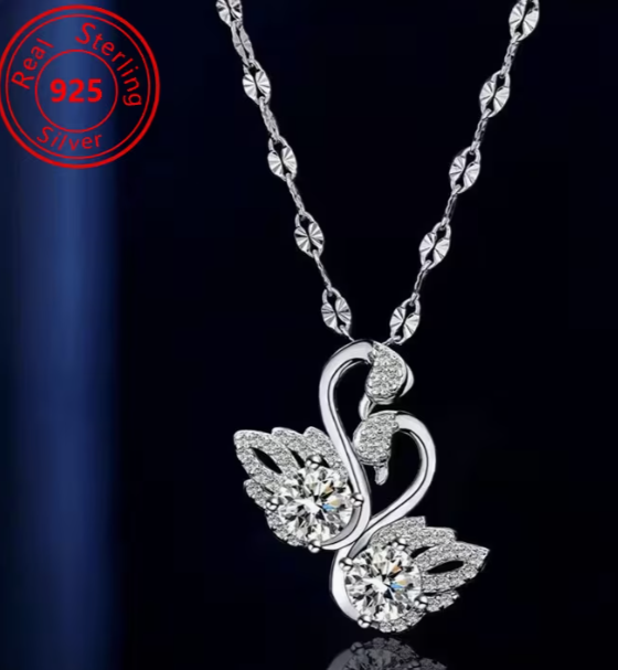 925 Sterling Silver Double Swan Heart Pendant Necklace