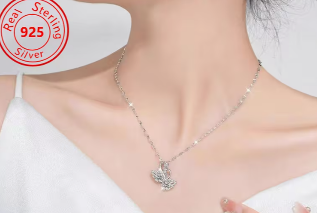 925 Sterling Silver Double Swan Heart Pendant Necklace