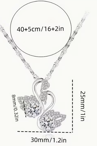 925 Sterling Silver Double Swan Heart Pendant Necklace