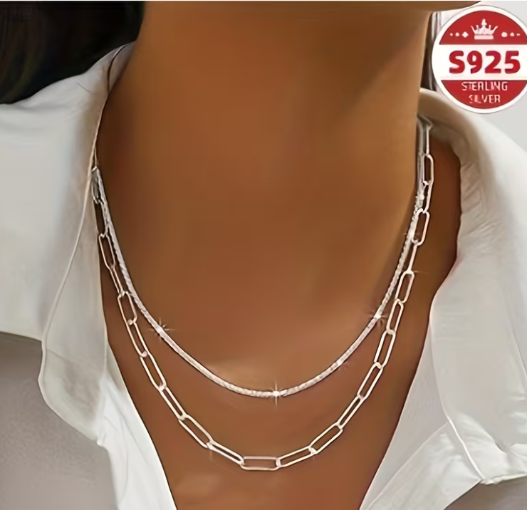 S925 Sterling Silver Layered Chain Necklace Set, Sparkle and Paperclip