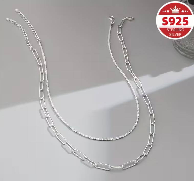 S925 Sterling Silver Layered Chain Necklace Set, Sparkle and Paperclip