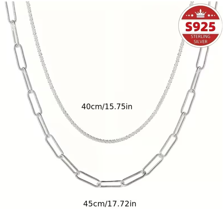 S925 Sterling Silver Layered Chain Necklace Set, Sparkle and Paperclip