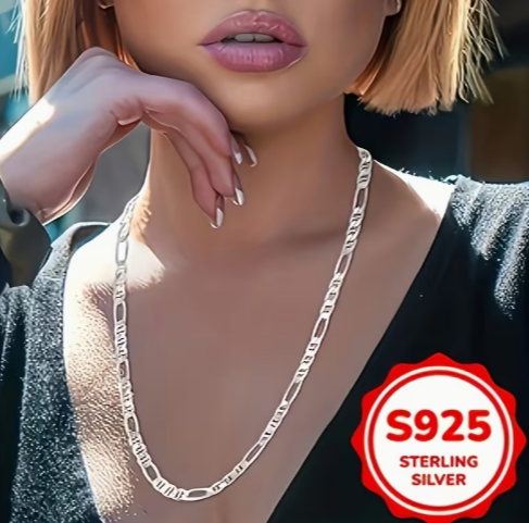 S925 Sterling Silver Figaro Chain Necklace, 4mm