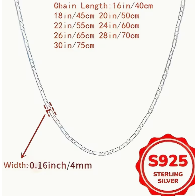 S925 Sterling Silver Figaro Chain Necklace, 4mm