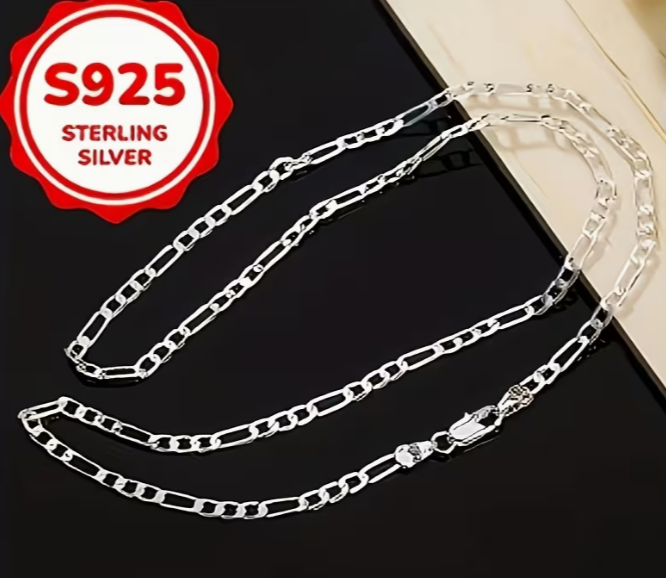 S925 Sterling Silver Figaro Chain Necklace, 4mm