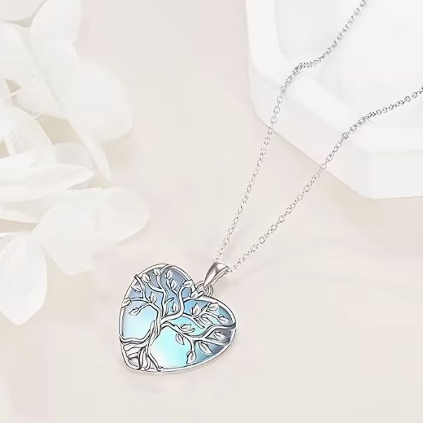 Moonstone Tree of Life Heart Pendant Necklace in 925 Sterling Silver