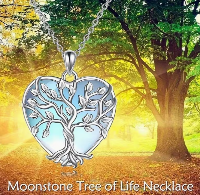 Moonstone Tree of Life Heart Pendant Necklace in 925 Sterling Silver