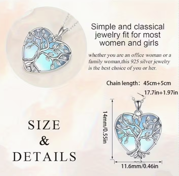 Moonstone Tree of Life Heart Pendant Necklace in 925 Sterling Silver