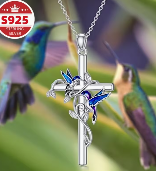 S925 Sterling Silver Hummingbird Cross Pendant Necklace