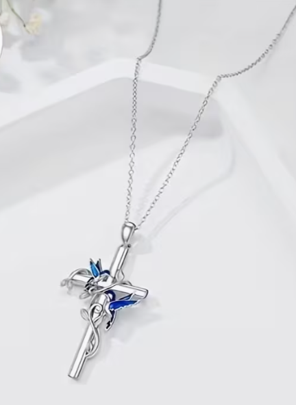 S925 Sterling Silver Hummingbird Cross Pendant Necklace