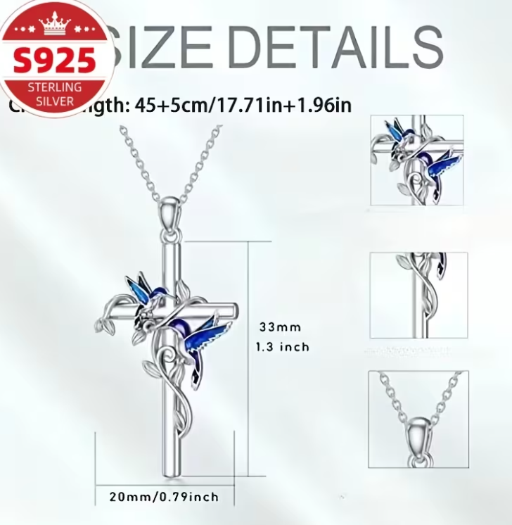 S925 Sterling Silver Hummingbird Cross Pendant Necklace