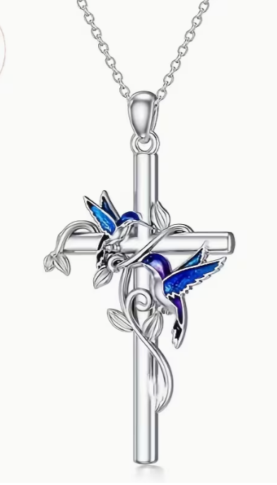 S925 Sterling Silver Hummingbird Cross Pendant Necklace