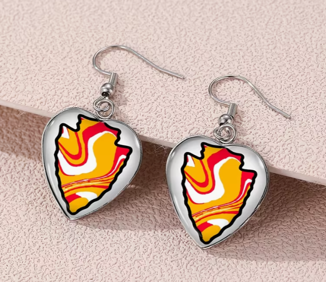 Kansas City Red and Yellow Arrowhead Heart Dangle Earrings