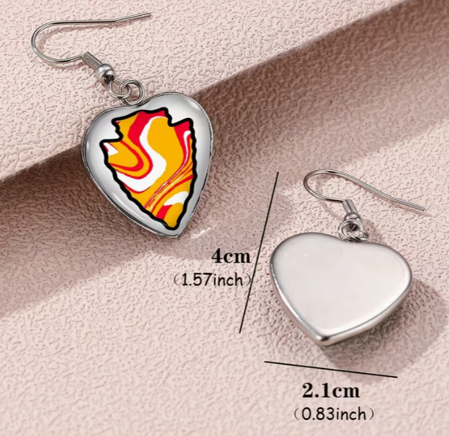 Kansas City Red and Yellow Arrowhead Heart Dangle Earrings