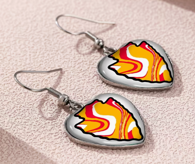 Kansas City Red and Yellow Arrowhead Heart Dangle Earrings