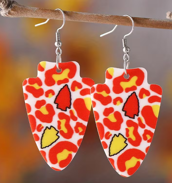 Kansas City Red and Yellow Leopard Print Arrowhead Acrylic Earrings