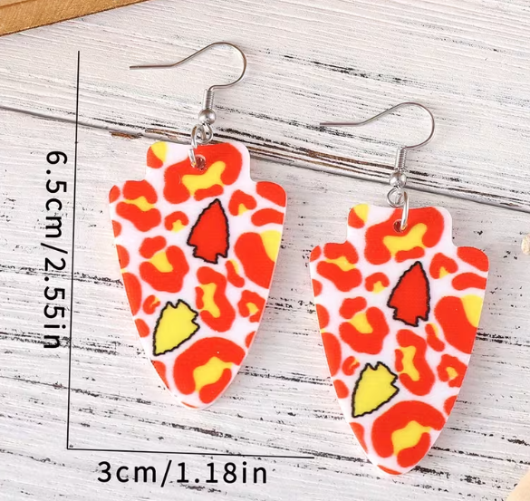Kansas City Red and Yellow Leopard Print Arrowhead Acrylic Earrings