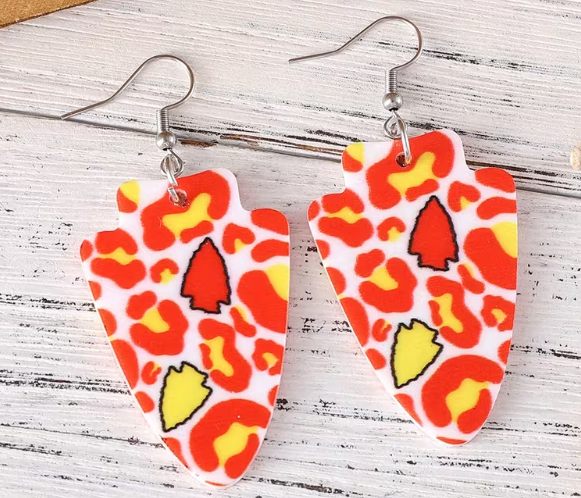Kansas City Red and Yellow Leopard Print Arrowhead Acrylic Earrings