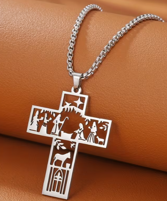 Stainless Steel Nativity Scene Cross Pendant Necklace with Box Chain